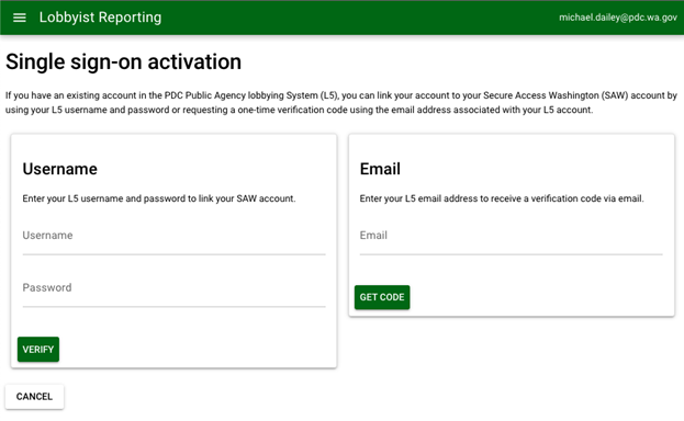Single sign-on activation screen