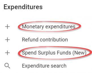 Screenshot of new expenditures feature highlighting Monetary Expenditures and Spend Surplus Funds