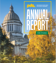 Annual Report 2022 text superimposed on photo of the state Capitol