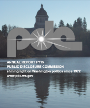 Cover of 2015 annual report with PDC logo imposed over Capitol building photo