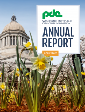 Cover of 2020 annual report showing Capitol building with daffodils in the foreground